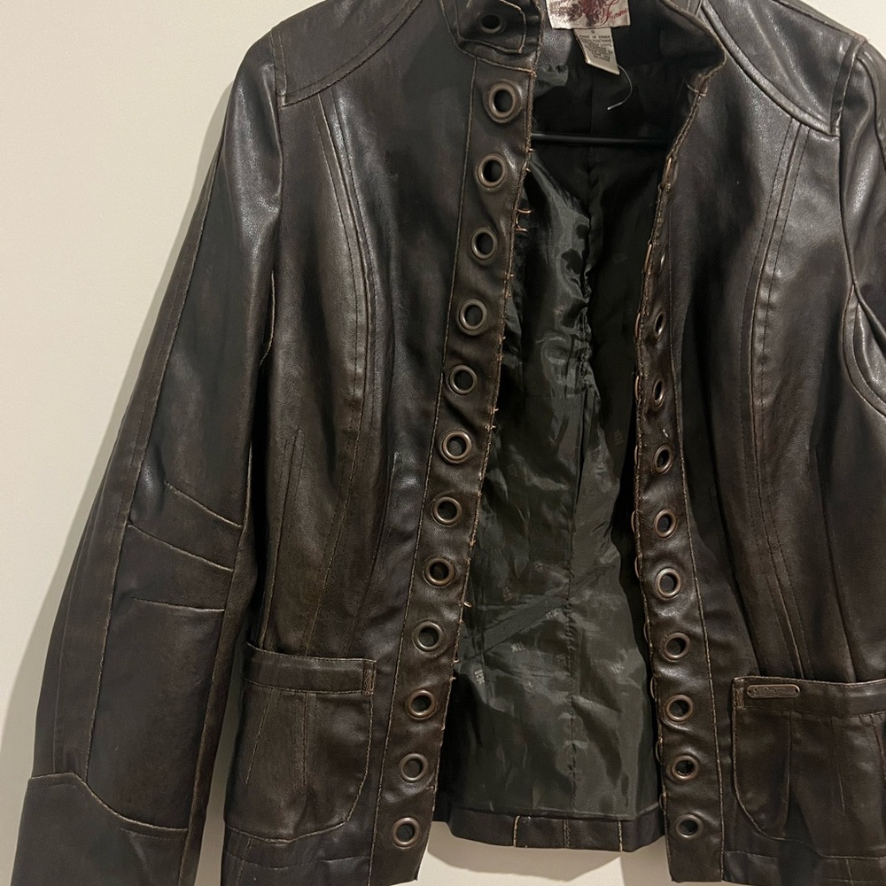 Dark Brown Leather Jacket with Metallic Eyelet Details